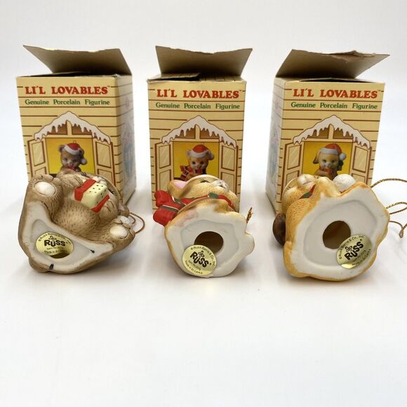 3 Russ Berrie Li'l Lovables Mini Porcelain Figurine Christmas Ornaments Cat Bear - Picture 7 of 9